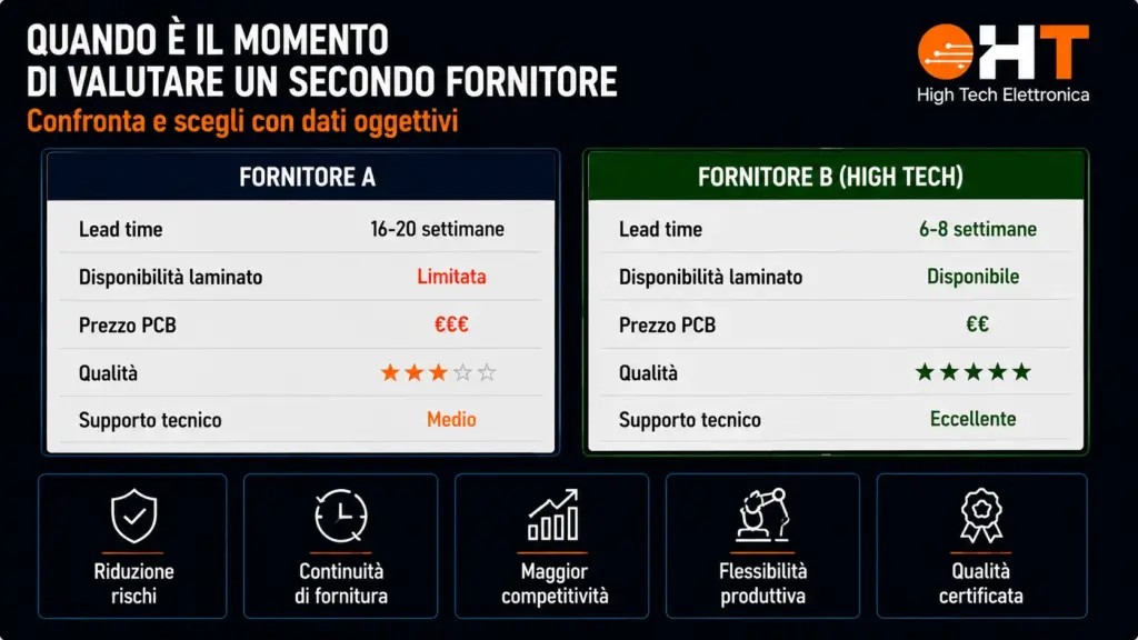 Quando è il momento di valutare un secondo fornitore di circuiti stampati Confronto tra due fornitori di circuiti stampati con lead time, disponibilità del laminato, prezzi PCB, qualità e supporto tecnico per ridurre i rischi della supply chain.