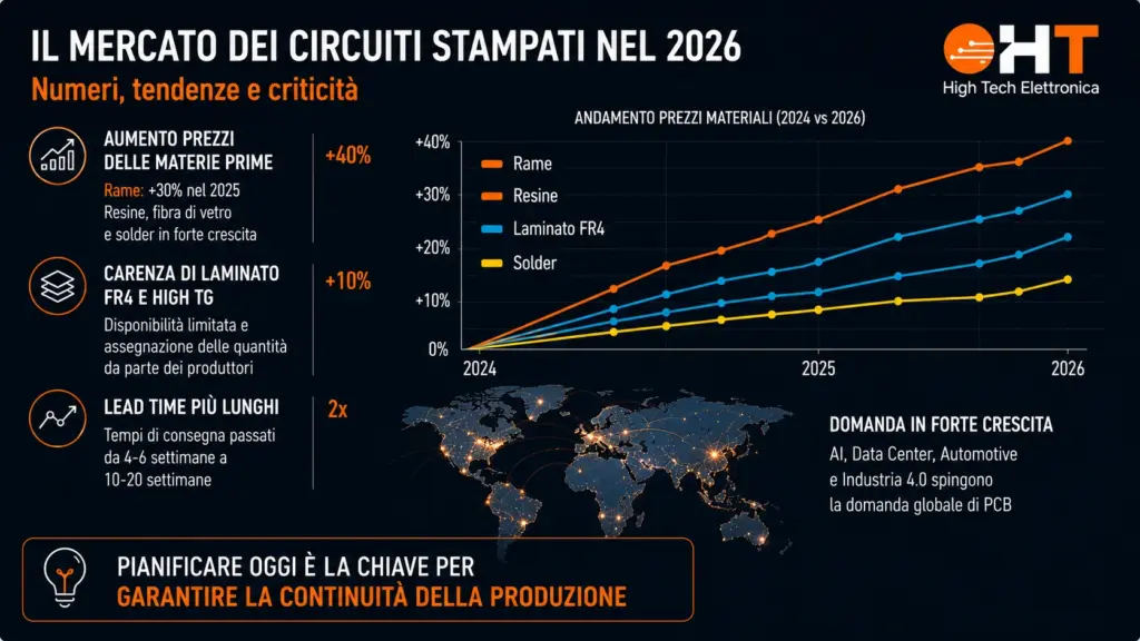 Infografica sul mercato dei circuiti stampati nel 2026 con andamento dei prezzi dei laminati FR4, resine, rame e solder, aumento dei lead time e crescita della domanda globale di PCB.