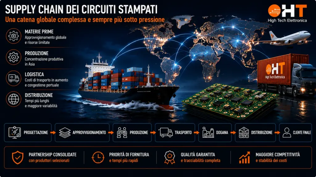Supply chain dei circuiti stampati: come garantire continuità in un mercato globale sotto pressione Infografica sulla supply chain dei circuiti stampati con approvvigionamento dei materiali, produzione PCB, trasporto internazionale, distribuzione e continuità della filiera elettronica.