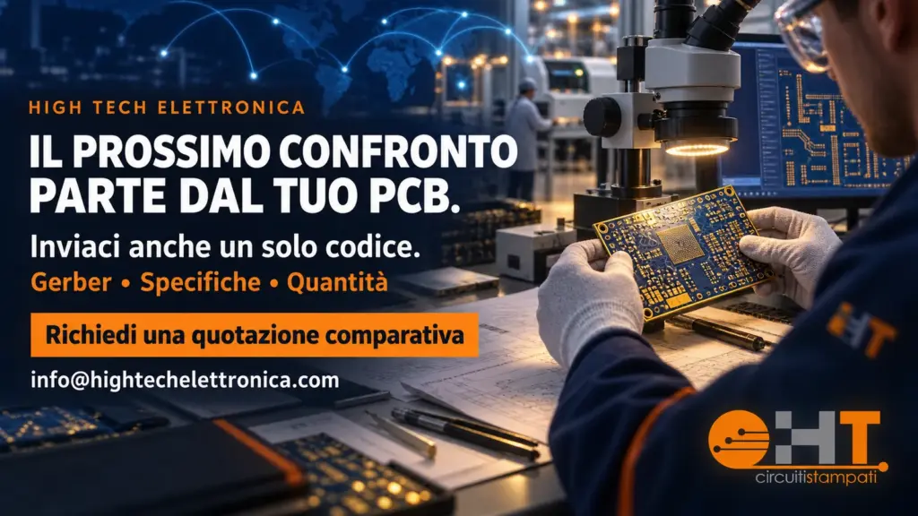 Tecnico che esamina un circuito stampato e invito a inviare Gerber, specifiche e quantità per una quotazione.