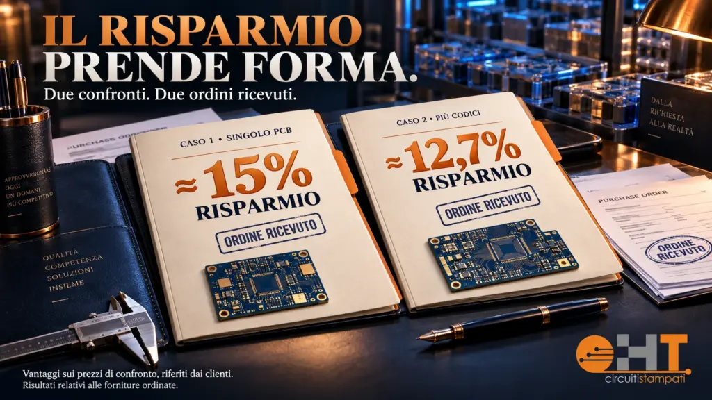 Dossier d’acquisto e circuiti stampati: risparmi di circa il 15% e del 12,7% su due forniture con ordine ricevuto.